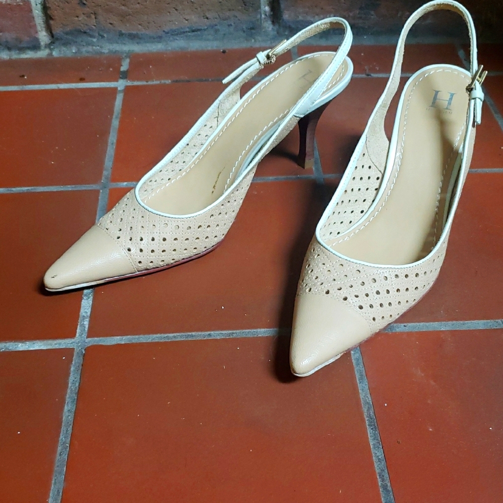 H by Halston Beige Perforated Slingback Heels